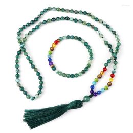 Necklace Earrings Set 108 Mala Beads Green Agates Meditation Yoga 6mm Natural Stone Tassel Rosary Bracelet For Women Men Jewelry