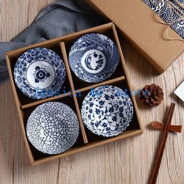 Bowls 4pcs 11cm Chinese Blue And White Rice With Gift Packing Non-slip Embossed Ceramic Tableware Wedding Bowl Set