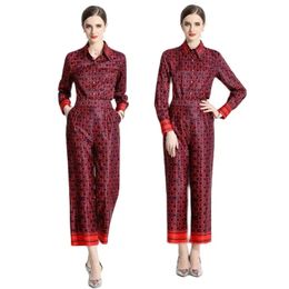 2 Piece Pant Elegant Print Designer Set Women Button Front Lape Print Shirt and Wide Leg Pants Sets 2023 Spring Fall Long Sleeve Vacation Red Runway Chic Casual Suits