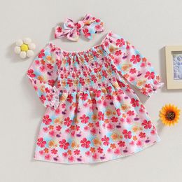 Girl Dresses Suefunskry Kids Girls Sweet Dress With Bowknot Headband Flower Print Boat Neck Long Sleeve Princess For Spring Fall 6M-4Y