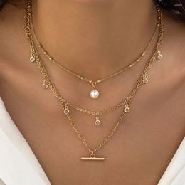 Pendant Necklaces KunJoe 3pcs/set Vintage Imitation Pearl Crystal Necklace For Women Punk Gold Color Metal Link Chain Choker Set