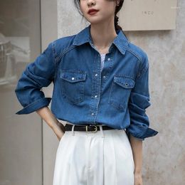 Women's Blouses Design Sense Niche Bandage Dress Blue Shirt Long Sleeve Top Female Spring Autumn Retro Elegant Denim N