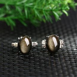 Cluster Rings Genuine Natural Gold Obsidian Flash Adjustable Ring 16x12mm 925 Sterling Silver Men Woman Oval Jewelry