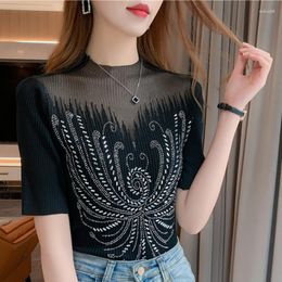 Women's Blouses 2023 Summer Sweet Pullover Half Sleeve Slim Fit T-shirt Fashion Spring Elegant Black Sexy Hollow Out Knitted Blouse 25377