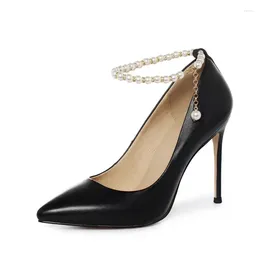 Dress Shoes Genuine Leather Women 10/8cm High Heel SmallHut 2023 Spring Black White Pointed Toe Pumps Sexy Thin Beading Party