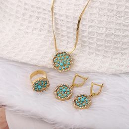 Necklace Earrings Set MANDI Flower Shape Alloy Ladies Jewellery Blue Natural Stone Inlaid Gold Plated Stud Ring Sets