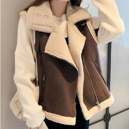 Women's Vests Autumn/ Winter Korean Design Polo Collar Lamb Plush Spliced Leather Fur One Piece Vest Short Coat Motorcycle