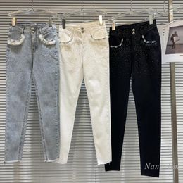 Women's Jeans 2023 Winter Skinny Women White Niche Socialite Furry Pocket Rhinestone Slim Fit Plus Velvet Warm Pencil Pants