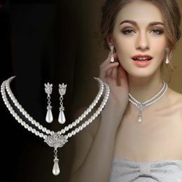 Wedding Jewellery Sets Elegant Rhinestone Pearl Drop Necklace Earrings Bridal for Women Gifts Multilayer Flower Necklaces collares 231116