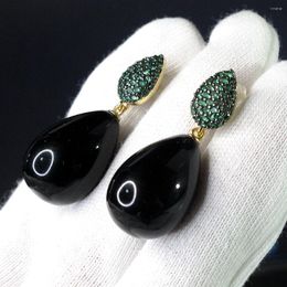 Dangle Earrings Woman Water Tear Drop Black Agate Pearl Hanging With Natural Stone Green Cubic Zircon Paved 14K Gold Plated Jewellery