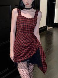 Casual Dresses Deeptown Y2k Gothic Mall Plaid Mini Dress Women Cyber Punk Harajuku Fashion Patchwork Folds Irregular Sleeveless Corset