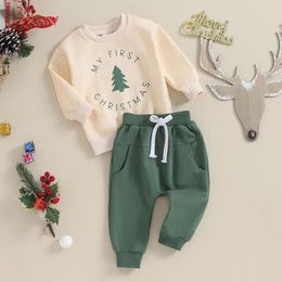 Clothing Sets Autumn Born Baby Boy Christmas Tree Letter Print Sweatshirt Drawstring Pants Set Outfits Infant 0-18Months
