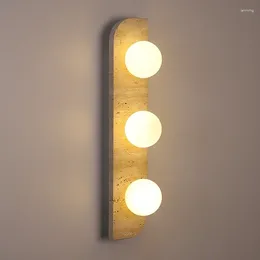 Wall Lamp Retro Three Heads Natural Stone Art Yellow Travertine LED Sconce White Glass Lampshade Atmosphere Corridor Lighting