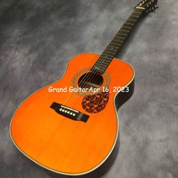 Custom 40" OM Body Acoustic Guitar Solid Spruce Top Herringbone Binding Yellow Signature Satin Finishing