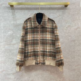 2023 Autumn Khaki Plaid Panelled Jacket Long Sleeve Lapel Neck Classic Jackets Coat Short Outwear Q3N141531