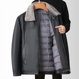 Men's Jackets Business Casual PU Leather Warm Duck Down Jacket 2023 Winter Solid Detachable Fur Collar Puffer Coat Adults Thicken Parkas 231115