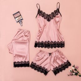 Womens Sleepwear Sexy Satin Pyjama Set Black Lace VNeck Pyjamas Sleeveless Cute Cami Top and Shorts Lingerie Homewear #W 230414