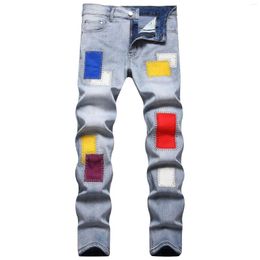 Men's Jeans Fashion Korean Slim Fit Embroidered Men With Colourful Patch Elastic Blue Denim Pants Streetwear Male Trousers