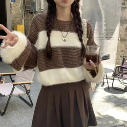 Women's Sweaters Patchwork Sweater Women Long Sleeve Knitted Pullover Korean Fashion Striped Cropped Jacket Short Tops Y2k Coat Casual Loose