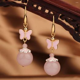 Dangle Earrings Vintage Ethnic Pink Butterfly Long Drop Nature Stones For Women 2023 Jewelry