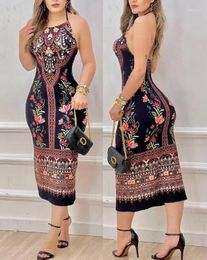 Casual Dresses Women's 2023 Spring Fashion Halter Backless Vintage Tribal Print Sleeveless Daily Straight Mid-Calf For Women