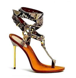 Sandals Summer Women Snakeskin T-bar Python Straps Buckle Hollow Out Ankle Strap Fashion Gold Metal Thin Heel