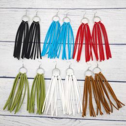 Dangle Earrings Faux Suede Leather Tassel For Women Handmade Chic Boho Silver Circle With Long Fringed