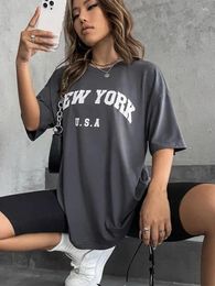 Women's Hoodies Blessyuki York Letter Print T-shirts Female Summer Basic O-neck Tees Casual Retro Streetwear Ladies Harajuku Plus Size Tops