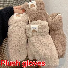 Cycling Gloves Kawaii Plush Warm Soft Winter Thick Fingerless Korean Japanese Bear With Ropes Casual Outdoor Riding Mittens