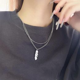 Pendant Necklaces Vintage Double Layer Necklace Men Feather Male Leaf Boho Summer Stainless Steel Jewellery