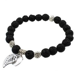 Charm Bracelets Fashion Natural Black Lava Stone Heart Leaf Bracelet Aromatherapy Essential Oil Diffuser For Women Men Drop Delivery J Dhm1Z