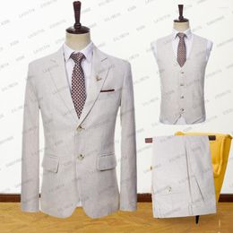 Men's Suits 2023 Men's High Quality Business Linen Set Light Khaki Slim Fit Fashion Wedding Party Tuxedo 3 Piece (Jacket Vest Pants)