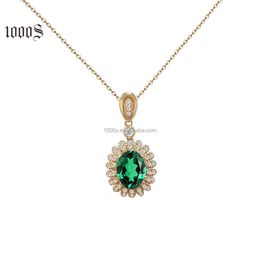 Gemstone Natural Emerald Diamond Real Solid Pendant Necklace For Women Jewellery Gift Custom 14K 9K Gold