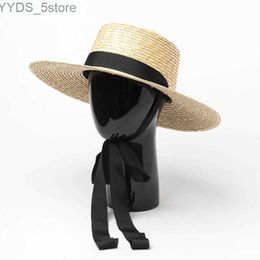 Wide Brim Hats Bucket Hats Handmade Wheat Str Women Sun Hat Summer Wide Brim Flat Hat Lady Flat Boater Beach Panama Sunhat Jazz Hat Size 56-58CM YQ231116