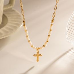 Chains Design Cross Pendant Necklace For Women Creative Freshwater Pearl Stainless Steel Ladies Jewellery Gift