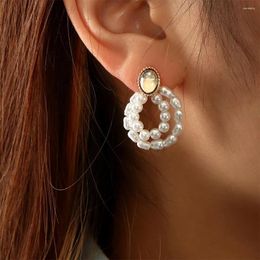 Dangle Earrings 2023 Geometric Double Layer Pearl Pendant For Women Trendy Crystal Gold Color Earring Girl Personality Jewelry Gift