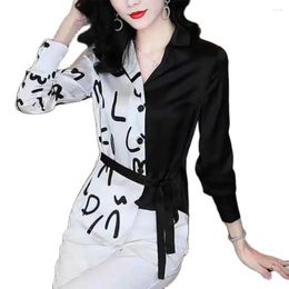 Women's Blouses Fashion Printed Stitching Shirt Female Slim Imitation Silk 2023 Spring And Summer Receive Waist Irregular Women Blouse