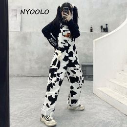 Women's Jumpsuits & Rompers NYOOLO Harajuku Streetwear Hip Hop Cow Pattern Plaid Overalls Women Casual Loose Big Pockets Sleeveless Jumpsuit