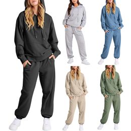 Women's Two Piece Pants 2 Tracksuits Fall Casual Outfits Solid Color Long Sleeve Hoodies Drawstring Jogger Loungewear Set 231116