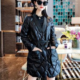 Women's Trench Coats Winter Warm Loose Mid Long Belt V Neck Cotton Padded Coat Women Outerwear Korean Vintage Black Parkas Jacket Female