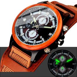 Wristwatches Men's Wooden Leather 22mm Black Strap Large Dial Luxury Multifunction Chronograph Drop Clock Wood For Men