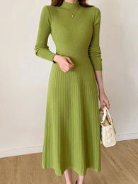 Basic Casual Dresses Long Sleeve Party Dress for Women Button Knitted Half High Collar Elegant Sweater Midi Ladies Autumn Winter 2023 231116