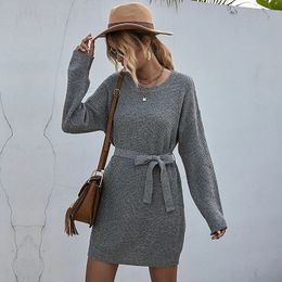 Two Piece Dress 2023 European and American Fashion Temperament Women's Solid Colour Loose Lazy Style Lace up Long Woollen Dres's Autumn 231115