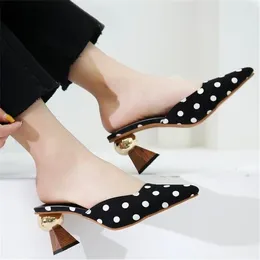 Dress Shoes High Heel Slippers Pointed Toe Woman Elegant Mules Black White Dot Metal Outdoors Womens