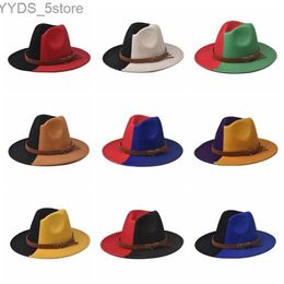 Wide Brim Hats Bucket Hats Women Men Two Tone Wide Brim Fedora Hats Classic Felt Panama Hat with Belt Buckle Hats For Women Classic Wedding Jazz Top Hats YQ231116