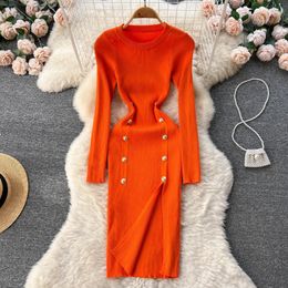 Basic Casual Dresses YuooMuoo Chic Fashion Sexy Package Hips Split Bodycon Dress Autumn Winter Double breasted Lady Knitted Party Vestidos 231116