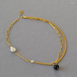 Pendant Necklaces Fashionable Brass Gold-plated Chain Splicing Baroque Pearl Black Agate Double Layered Strap Short Necklace