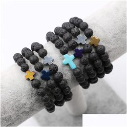 Charm Bracelets Natural Volcanic Lava Stone Cross Bracelet Essential Oil Per Diffuser Bracelets Stretch Yoga Jewellery Drop Delivery Jew Dhdyv