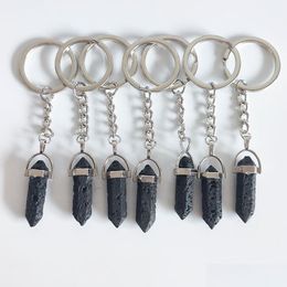 Key Rings Black Lava Stone Hexagonal Prism Key Rings Keychains Car Decor Chain Keyholder For Women Men Drop Delivery Jewellery Dhhzc