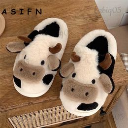 Slippers ASIFN Cute Cow Slippers Women Girls Cushion Slides Kaii Fluffy Winter Warm Slipper Flax Cartoon Milk Cow House Funny Shoes T231116